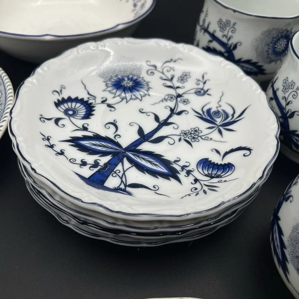 House of Prill Blue Onion Porcelain Japan 3 Cups 4 Saucers Set Vintage